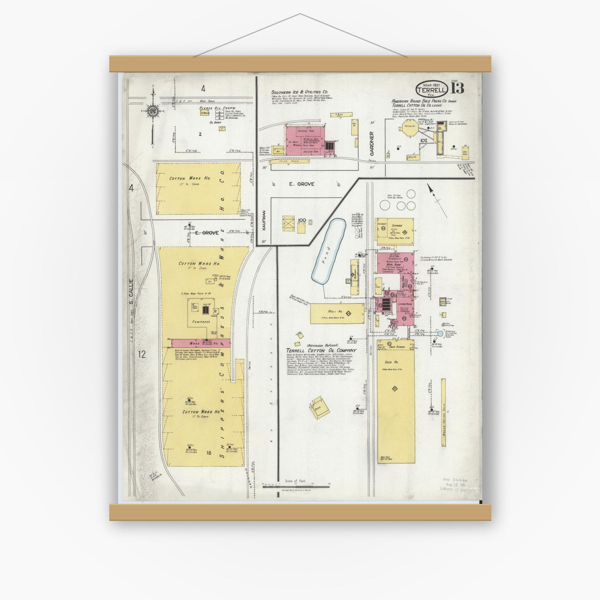 Old map wall art mockup — magnetic wood frame on white wall — Sanborn Fire Insurance Map from Terrell, Kaufman County, Texas (1921), Sheet #0013