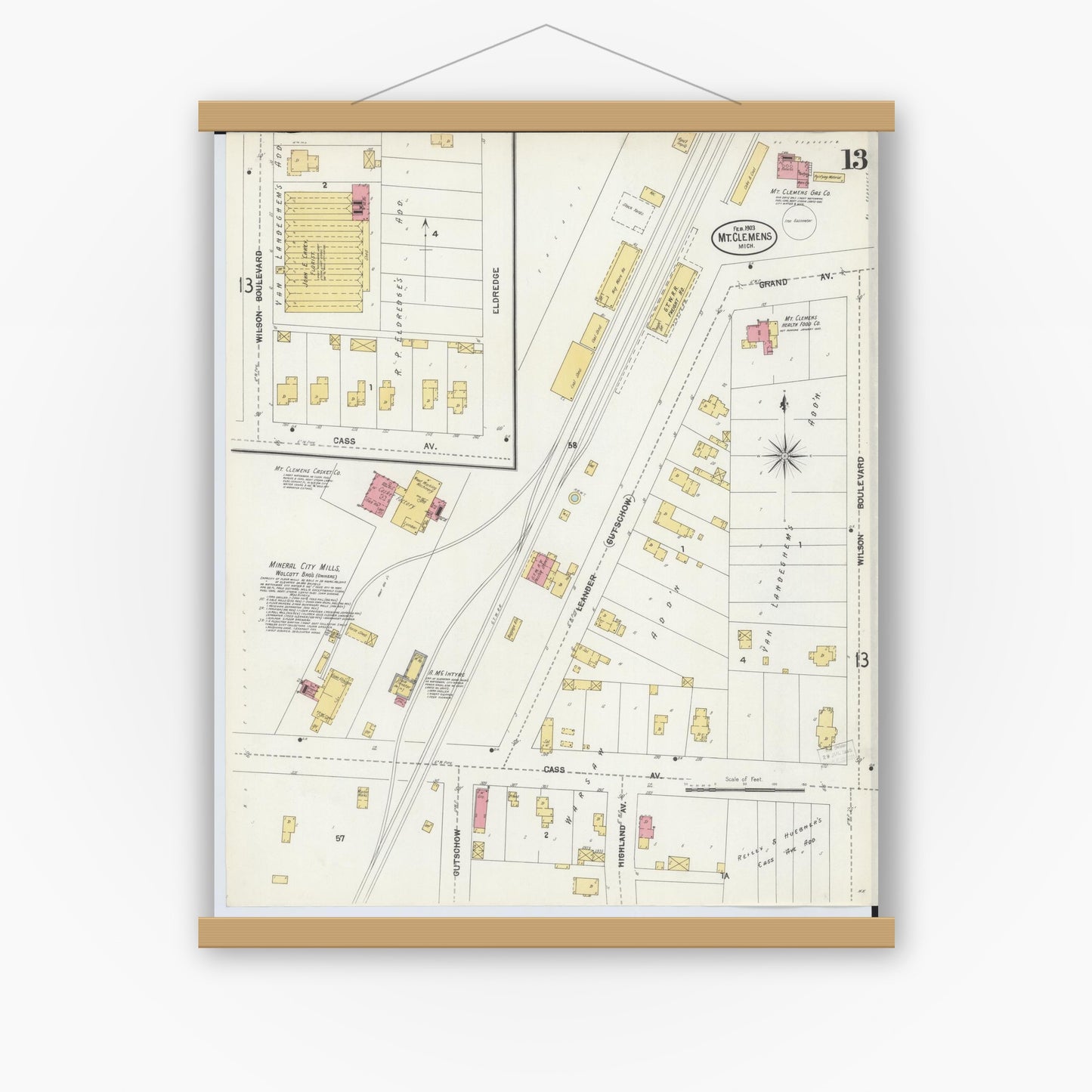 Old map wall art mockup — magnetic wood frame on white wall — Sanborn Fire Insurance Map from Mount Clemens, Macomb County, Michigan (1903), Sheet #0013