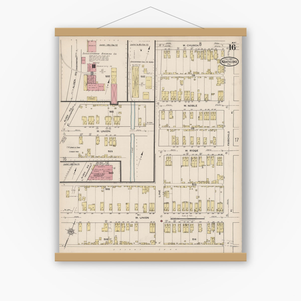 Old map wall art mockup — magnetic wood frame on white wall — Sanborn Fire Insurance Map from Nanticoke, Luzerne County, Pennsylvania (1920), Sheet #0016