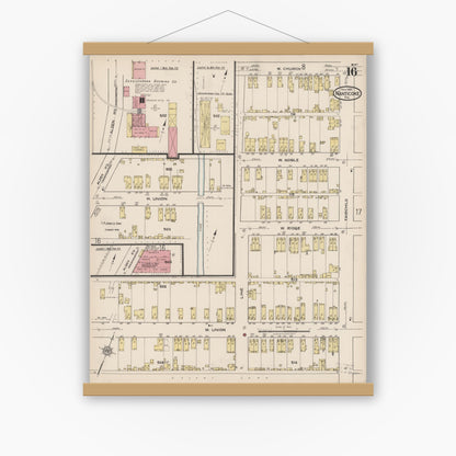 Old map wall art mockup — magnetic wood frame on white wall — Sanborn Fire Insurance Map from Nanticoke, Luzerne County, Pennsylvania (1920), Sheet #0016