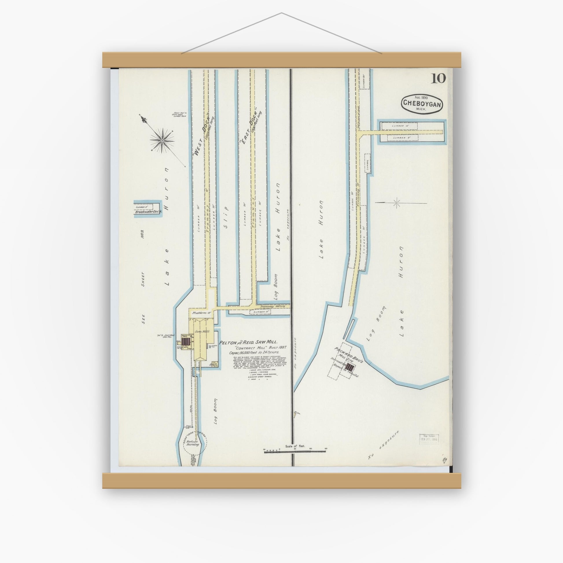 Old map wall art mockup — magnetic wood frame on white wall — Sanborn Fire Insurance Map from Cheboygan, Cheboygan County, Michigan (1890), Sheet #0010