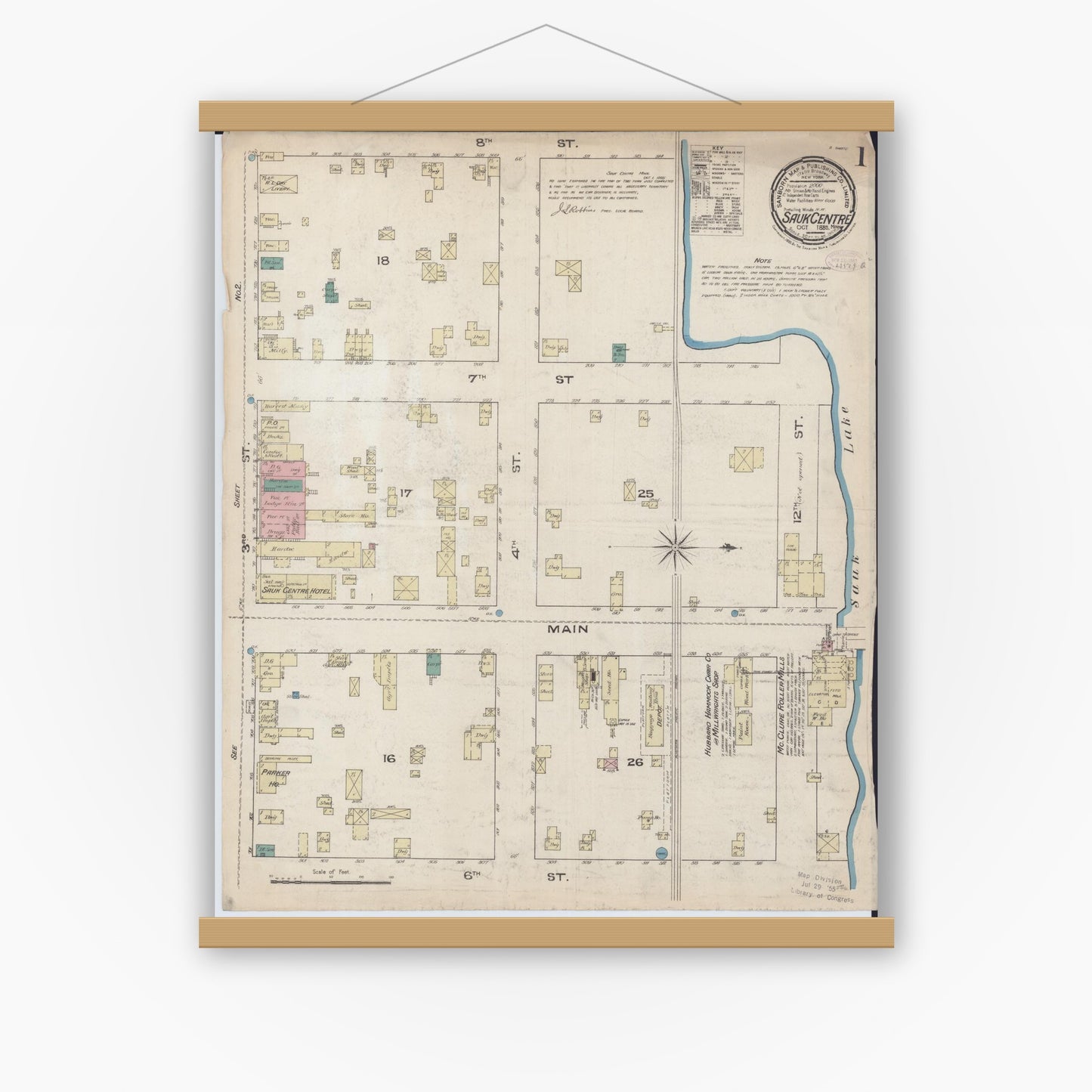 Old map wall art mockup — magnetic wood frame on white wall — Sanborn Fire Insurance Map from Sauk Centre, Stearns County, Minnesota (1885) - Complete Map Set