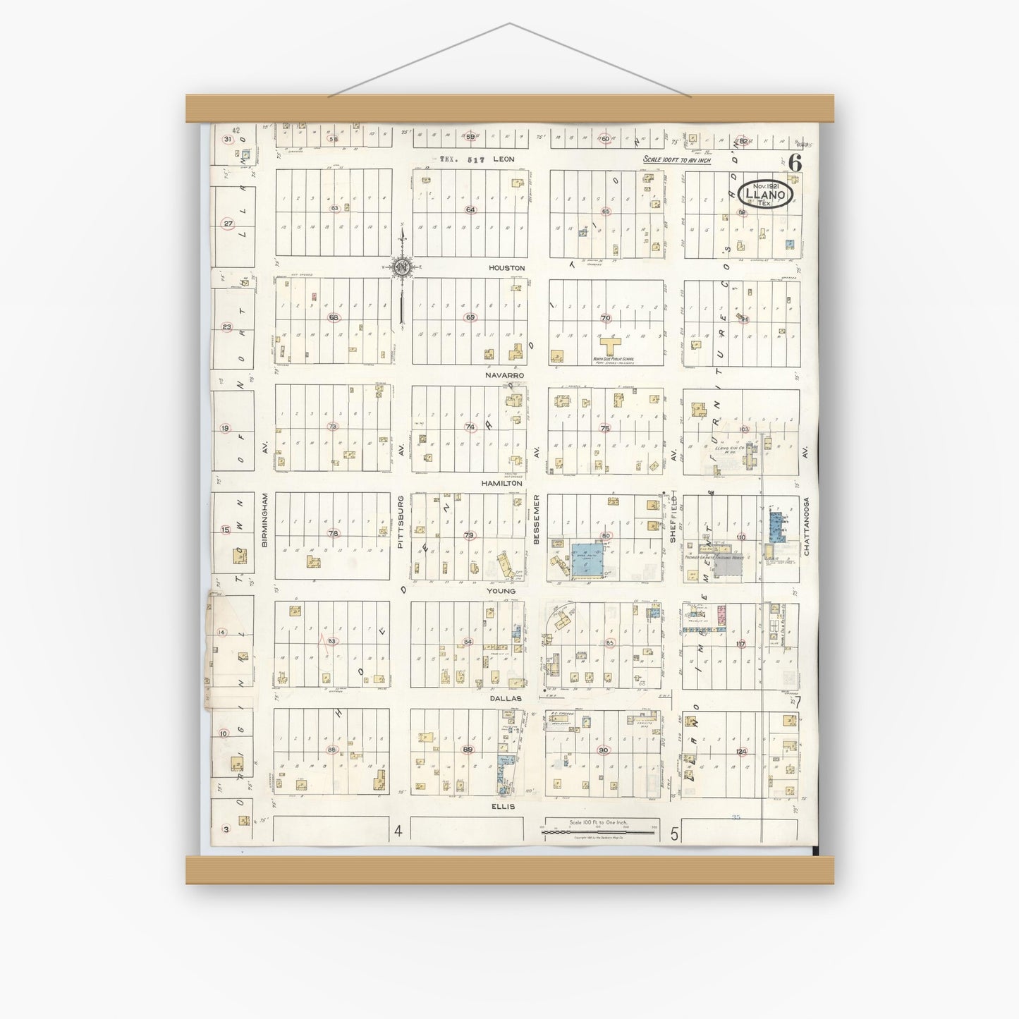 Old map wall art mockup — magnetic wood frame on white wall — Sanborn Fire Insurance Map from Llano, Llano County, Texas (1942), Sheet #0006