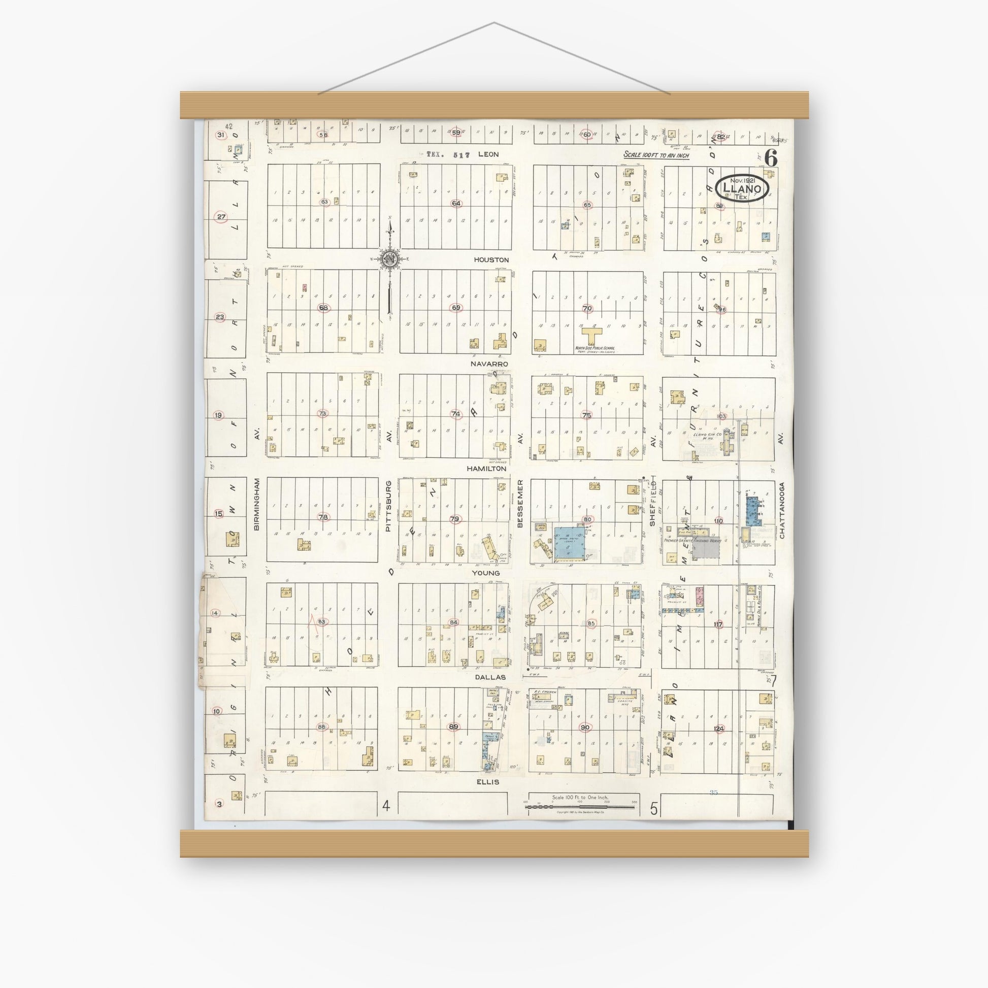 Old map wall art mockup — magnetic wood frame on white wall — Sanborn Fire Insurance Map from Llano, Llano County, Texas (1942), Sheet #0006