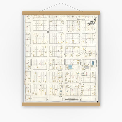 Old map wall art mockup — magnetic wood frame on white wall — Sanborn Fire Insurance Map from Llano, Llano County, Texas (1942), Sheet #0006
