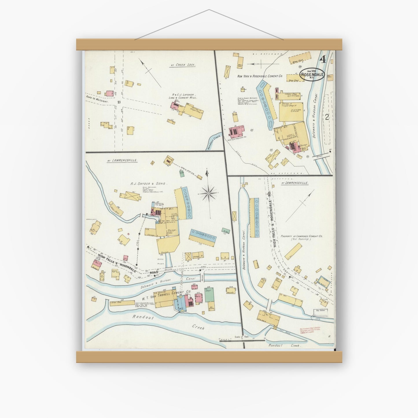 Old map wall art mockup — magnetic wood frame on white wall — Sanborn Fire Insurance Map from Rosendale, Ulster County, New York (1898), Sheet #0004