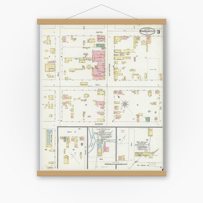 Old map wall art mockup — magnetic wood frame on white wall — Sanborn Fire Insurance Map from New Braunfels, Comal County, Texas (1896), Sheet #0003