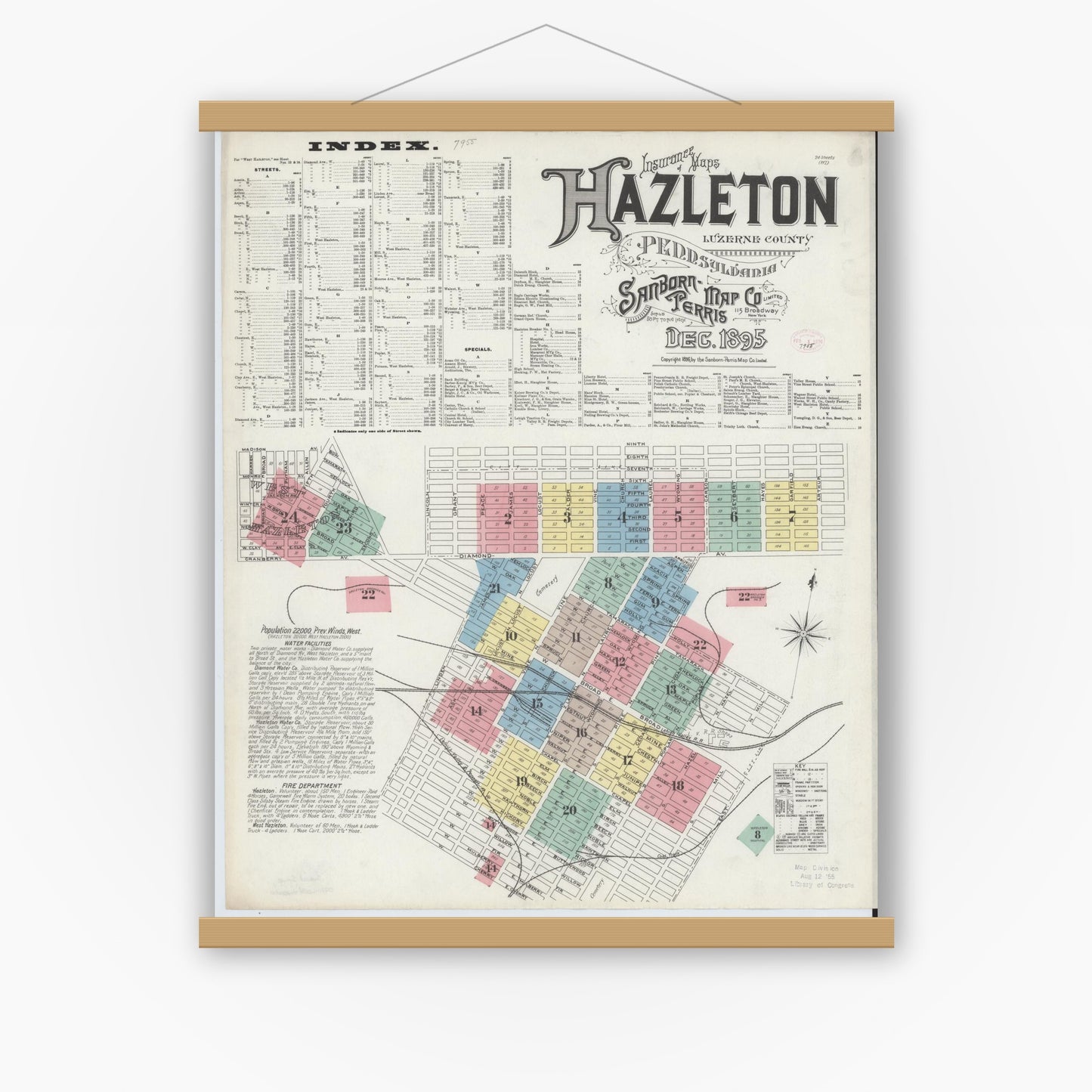 Old map wall art mockup — magnetic wood frame on white wall — Sanborn Fire Insurance Map from Hazleton, Luzerne County, Pennsylvania (1895), Sheet #0001
