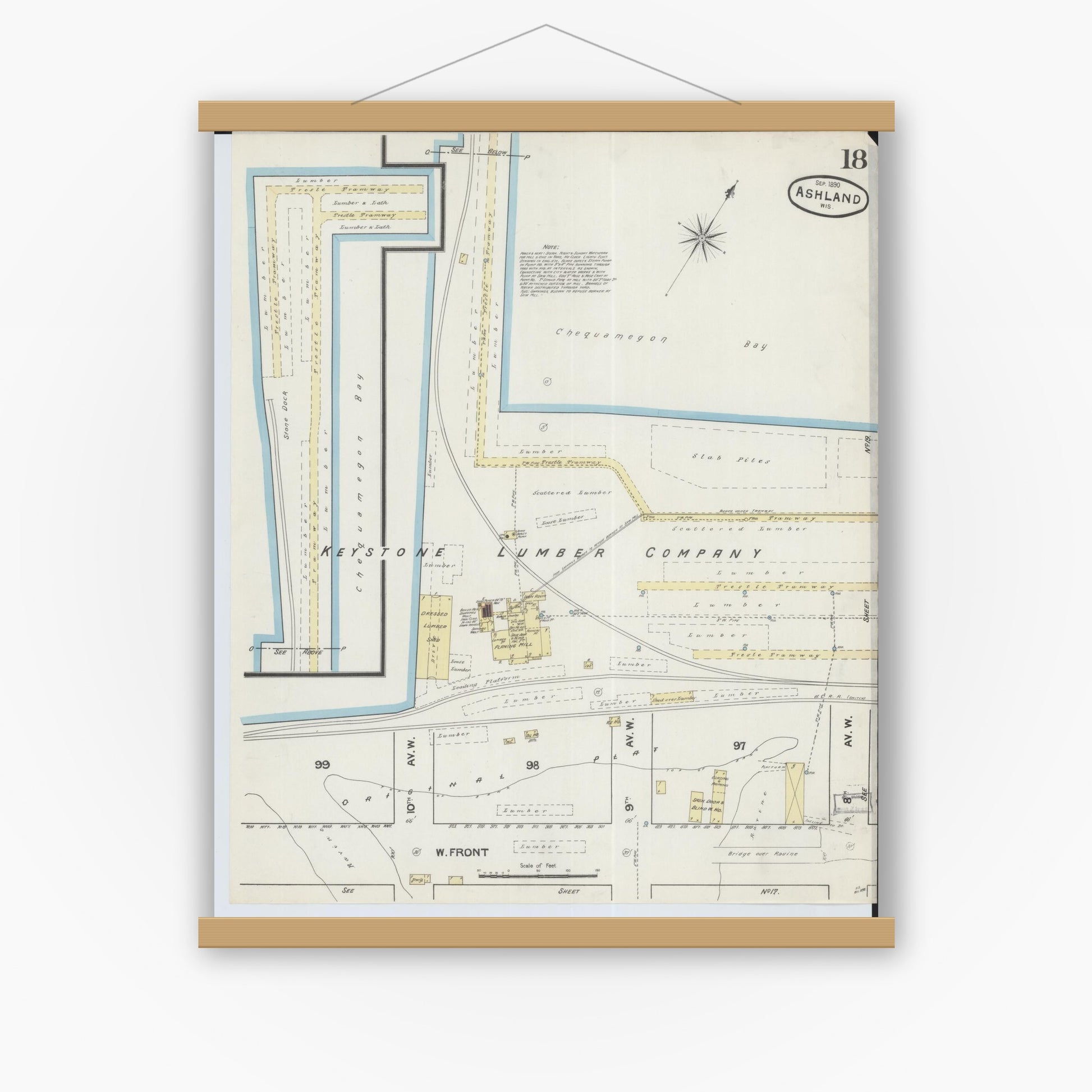 Old map wall art mockup — magnetic wood frame on white wall — Sanborn Fire Insurance Map from Ashland, Ashland County, Wisconsin (1890), Sheet #0018