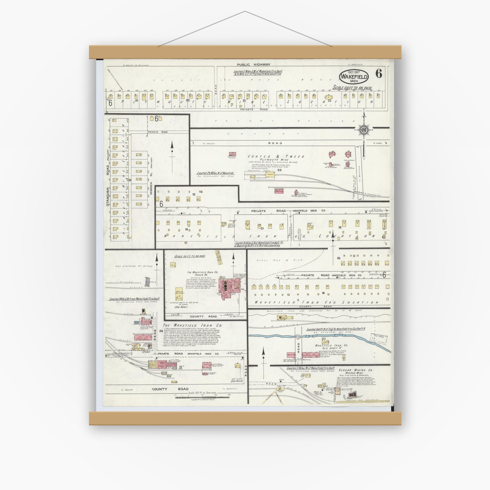 Old map wall art mockup — magnetic wood frame on white wall — Sanborn Fire Insurance Map from Wakefield, Gogebic County, Michigan (1917), Sheet #0006