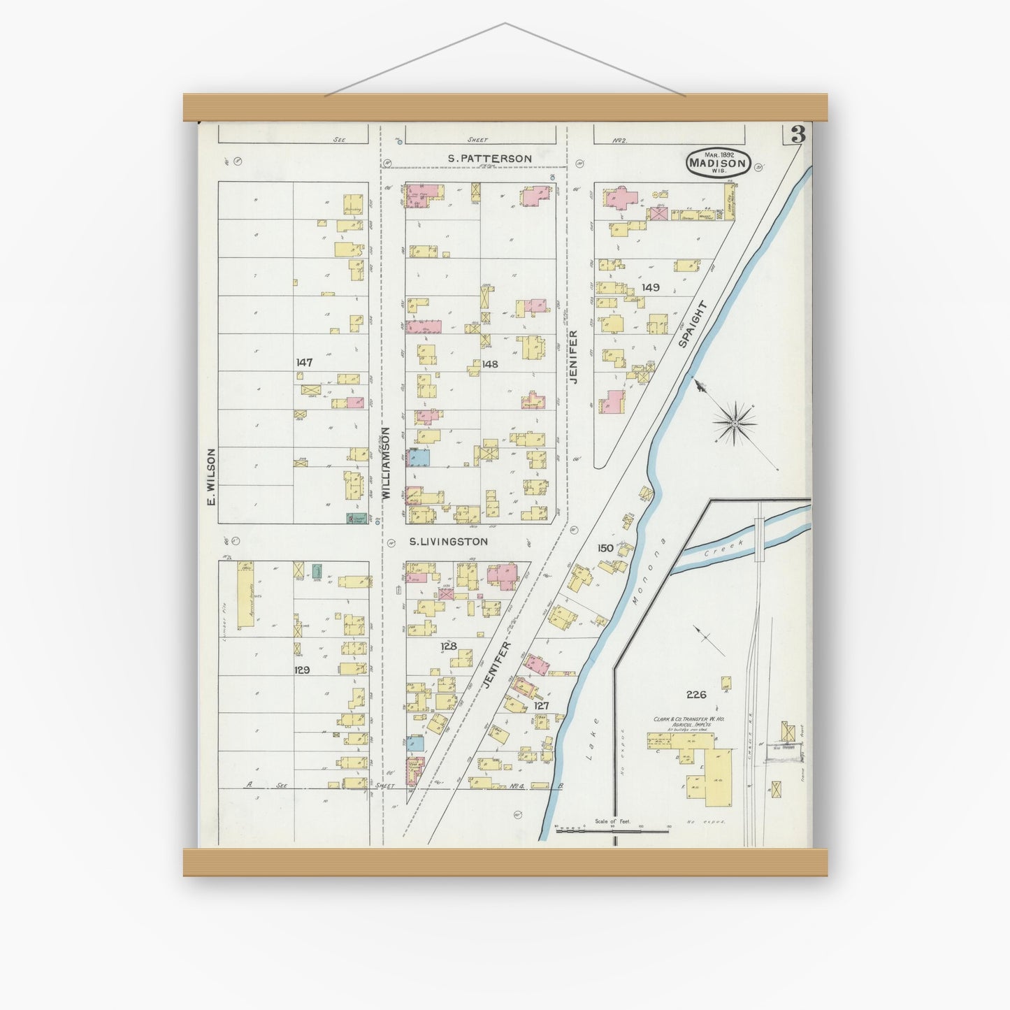Old map wall art mockup — magnetic wood frame on white wall — Sanborn Fire Insurance Map from Madison, Dane County, Wisconsin (1892), Sheet #0003