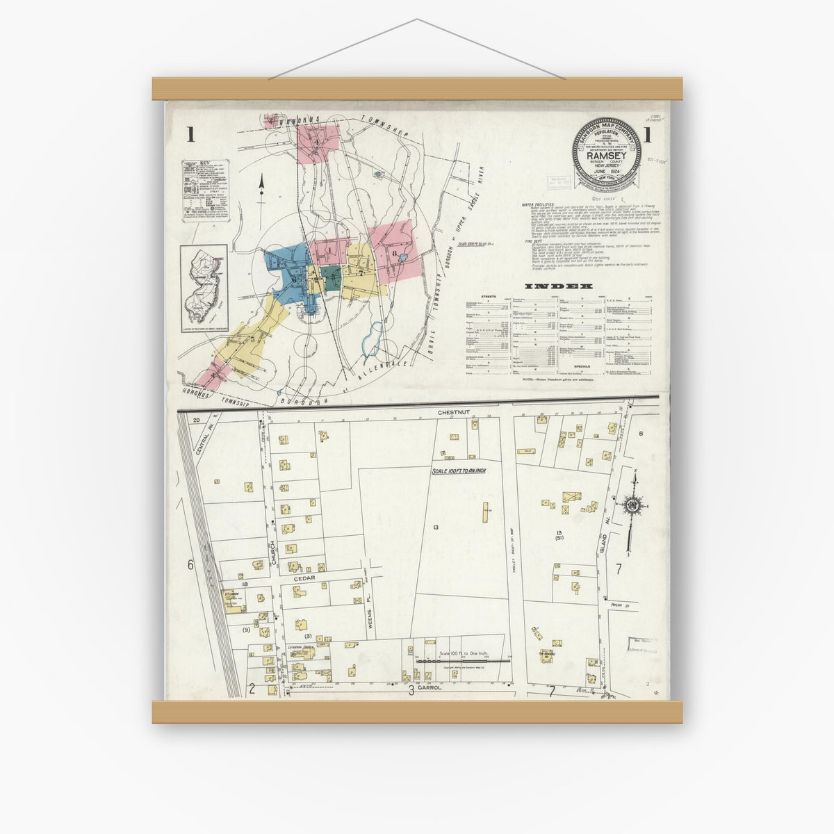 Old map wall art mockup — magnetic wood frame on white wall — Sanborn Fire Insurance Map from Ramsey, Bergen County, New Jersey (1924) - Complete Map Set