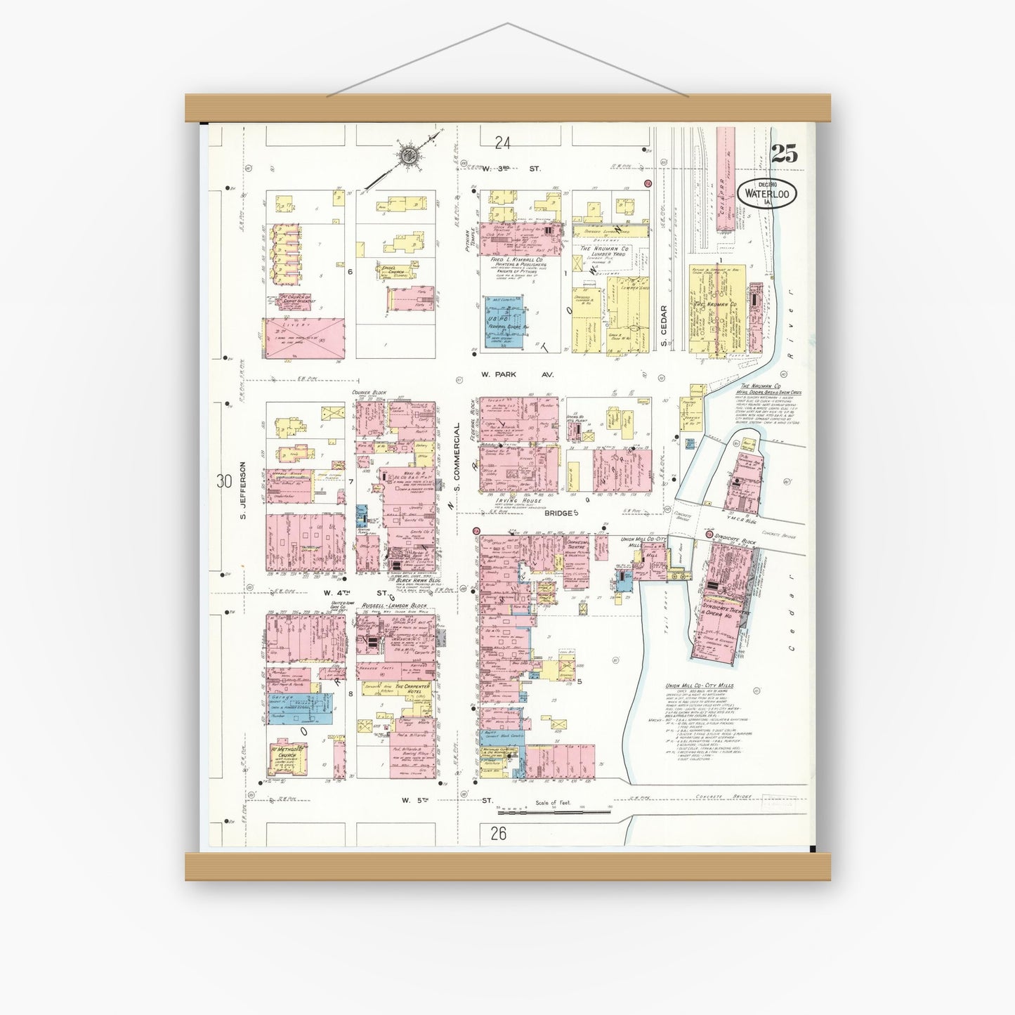 Old map wall art mockup — magnetic wood frame on white wall — Sanborn Fire Insurance Map from Waterloo, Black Hawk County, Iowa (1910), Sheet #0025