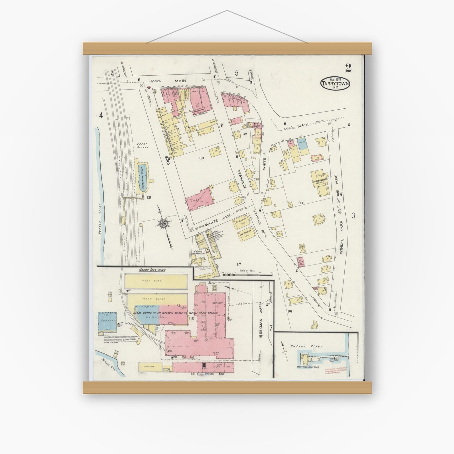 Old map wall art mockup — magnetic wood frame on white wall — Sanborn Fire Insurance Map from Tarrytown, Westchester County, New York (1915), Sheet #0002