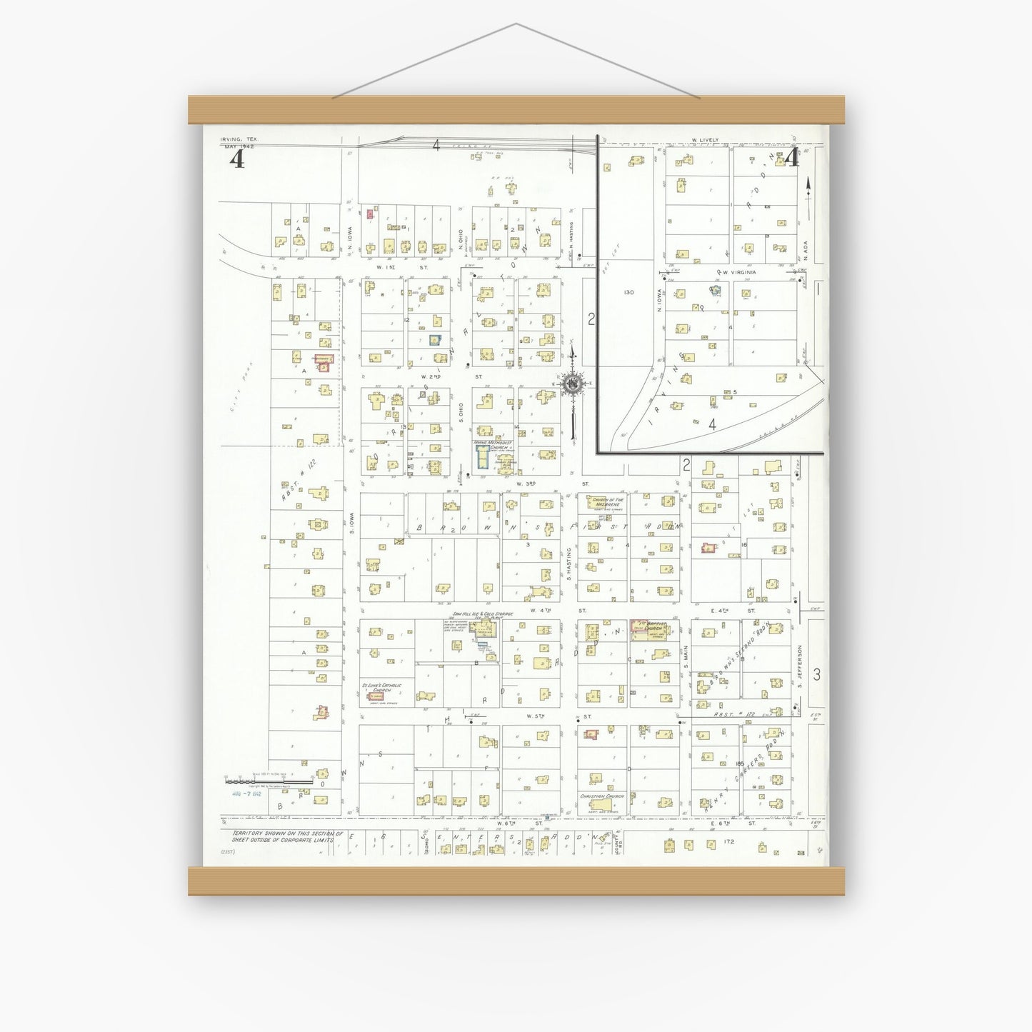 Old map wall art mockup — magnetic wood frame on white wall — Sanborn Fire Insurance Map from Irving, Dallas County, Texas (1942), Sheet #0004