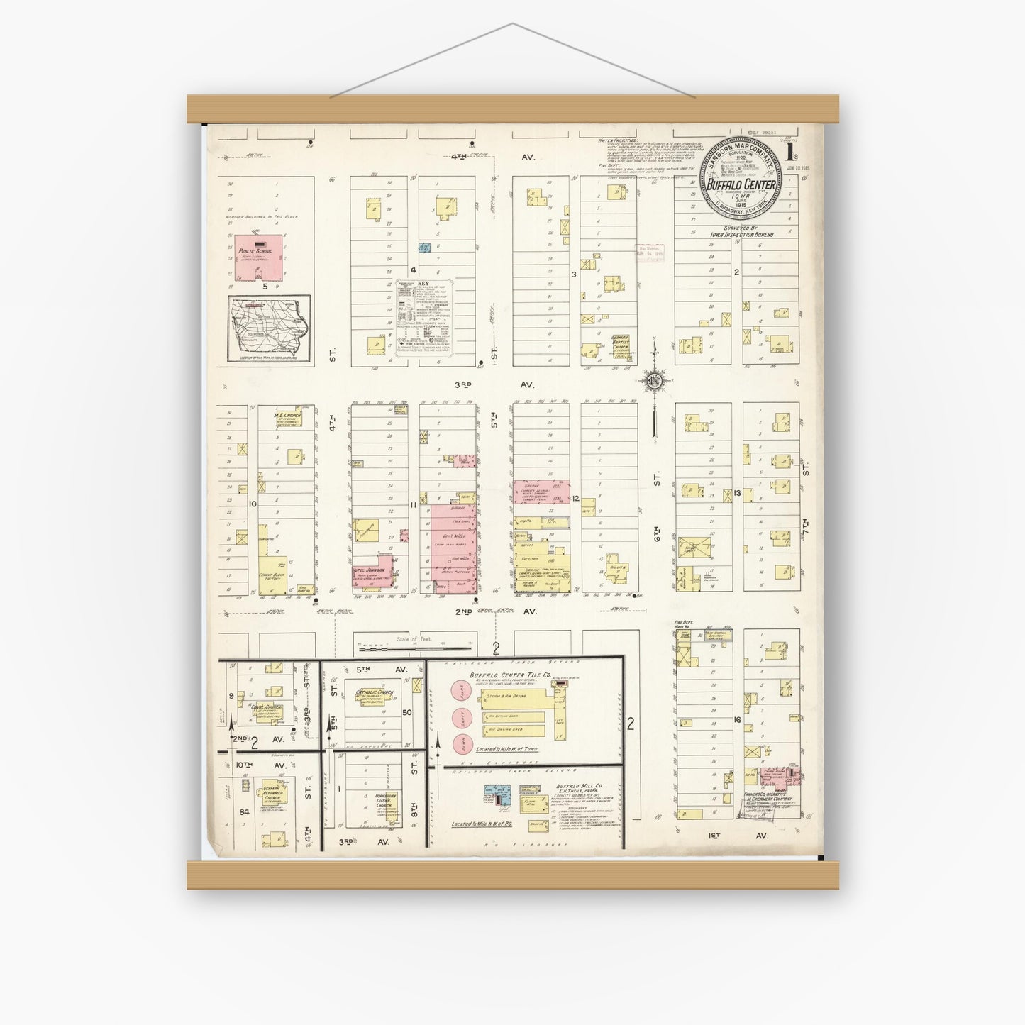 Old map wall art mockup — magnetic wood frame on white wall — Sanborn Fire Insurance Map from Buffalo Center, Winnebago County, Iowa (1915) â€” Complete Set