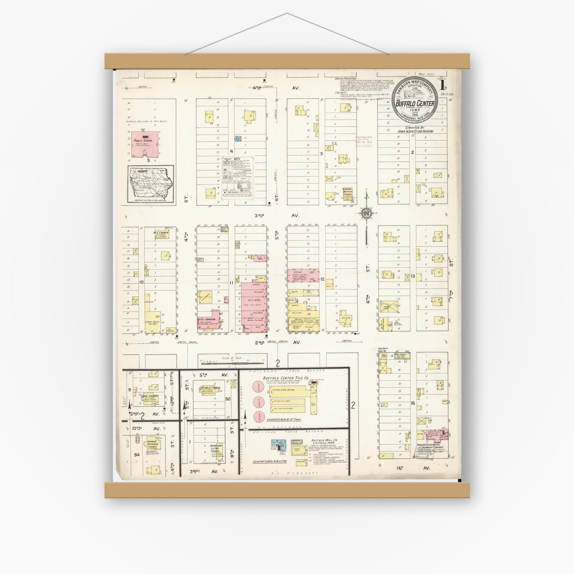 Old map wall art mockup — magnetic wood frame on white wall — Sanborn Fire Insurance Map from Buffalo Center, Winnebago County, Iowa (1915) â€” Complete Set