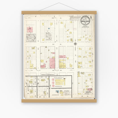 Old map wall art mockup — magnetic wood frame on white wall — Sanborn Fire Insurance Map from Buffalo Center, Winnebago County, Iowa (1915) â€” Complete Set