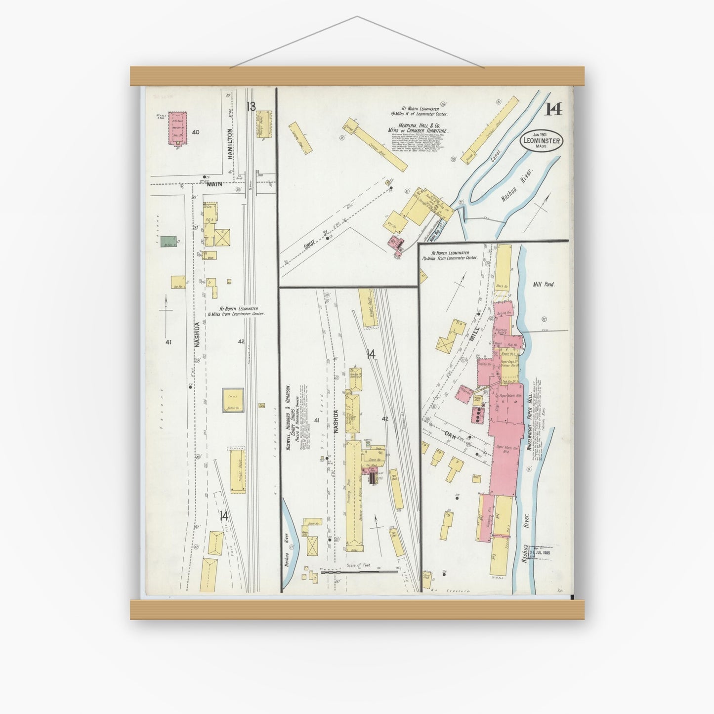 Old map wall art mockup — magnetic wood frame on white wall — Sanborn Fire Insurance Map from Leominster, Worcester County, Massachusetts (1901), Sheet #0014