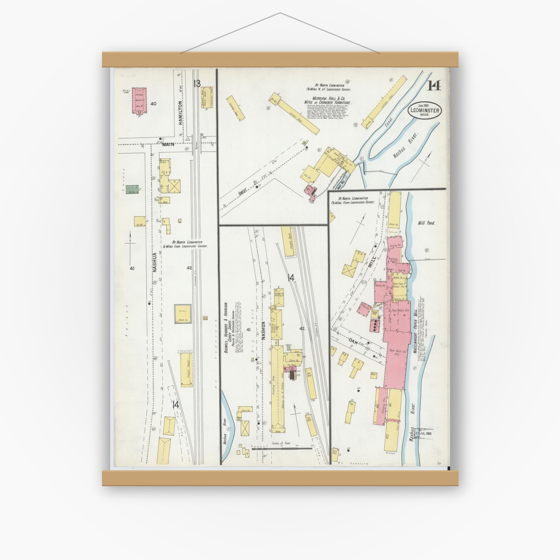 Old map wall art mockup — magnetic wood frame on white wall — Sanborn Fire Insurance Map from Leominster, Worcester County, Massachusetts (1901), Sheet #0014