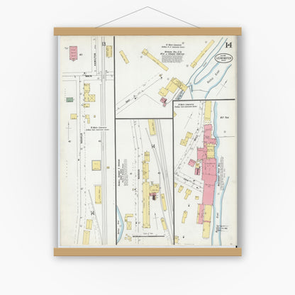 Old map wall art mockup — magnetic wood frame on white wall — Sanborn Fire Insurance Map from Leominster, Worcester County, Massachusetts (1901), Sheet #0014