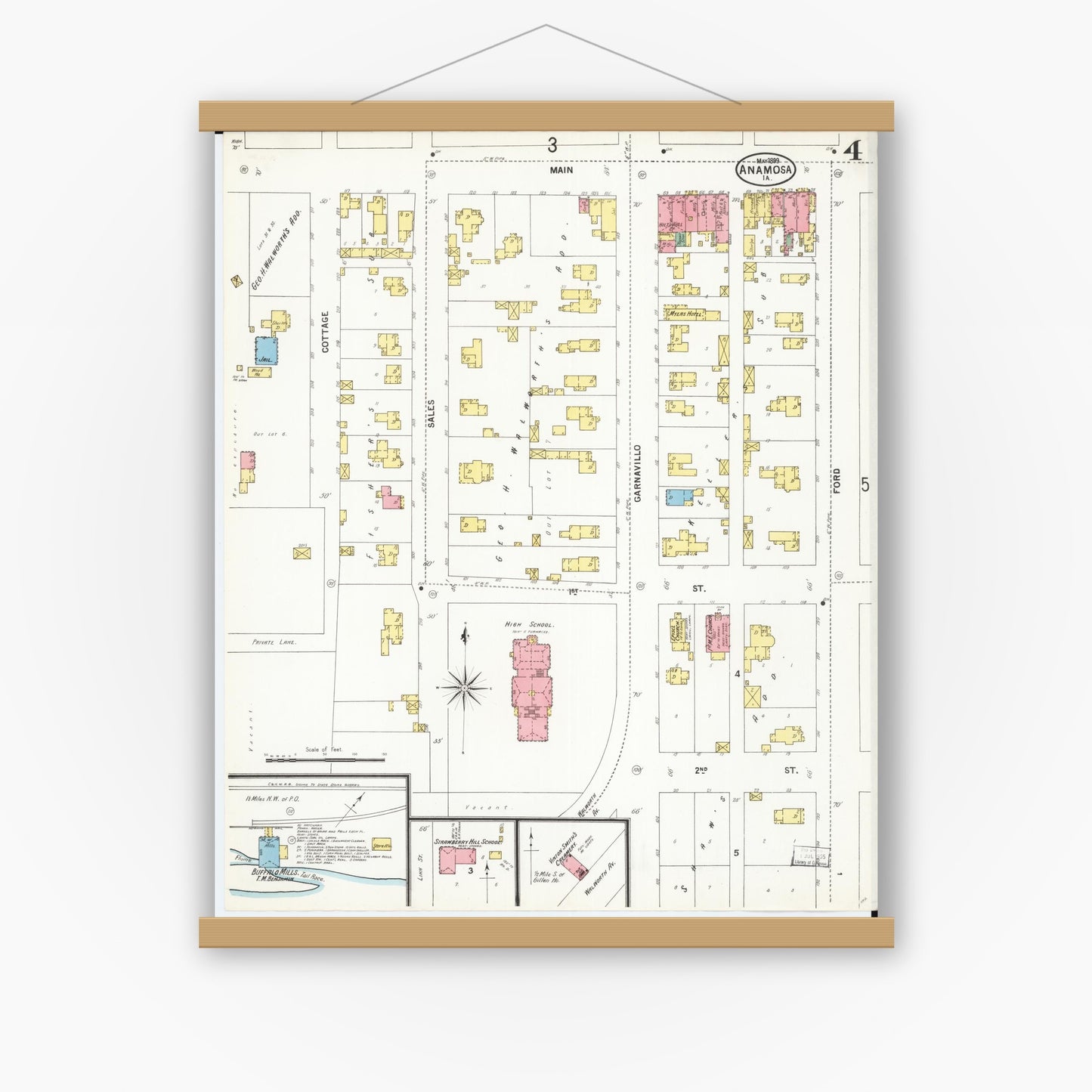 Old map wall art mockup — magnetic wood frame on white wall — Sanborn Fire Insurance Map from Anamosa, Jones County, Iowa (1899), Sheet #0004