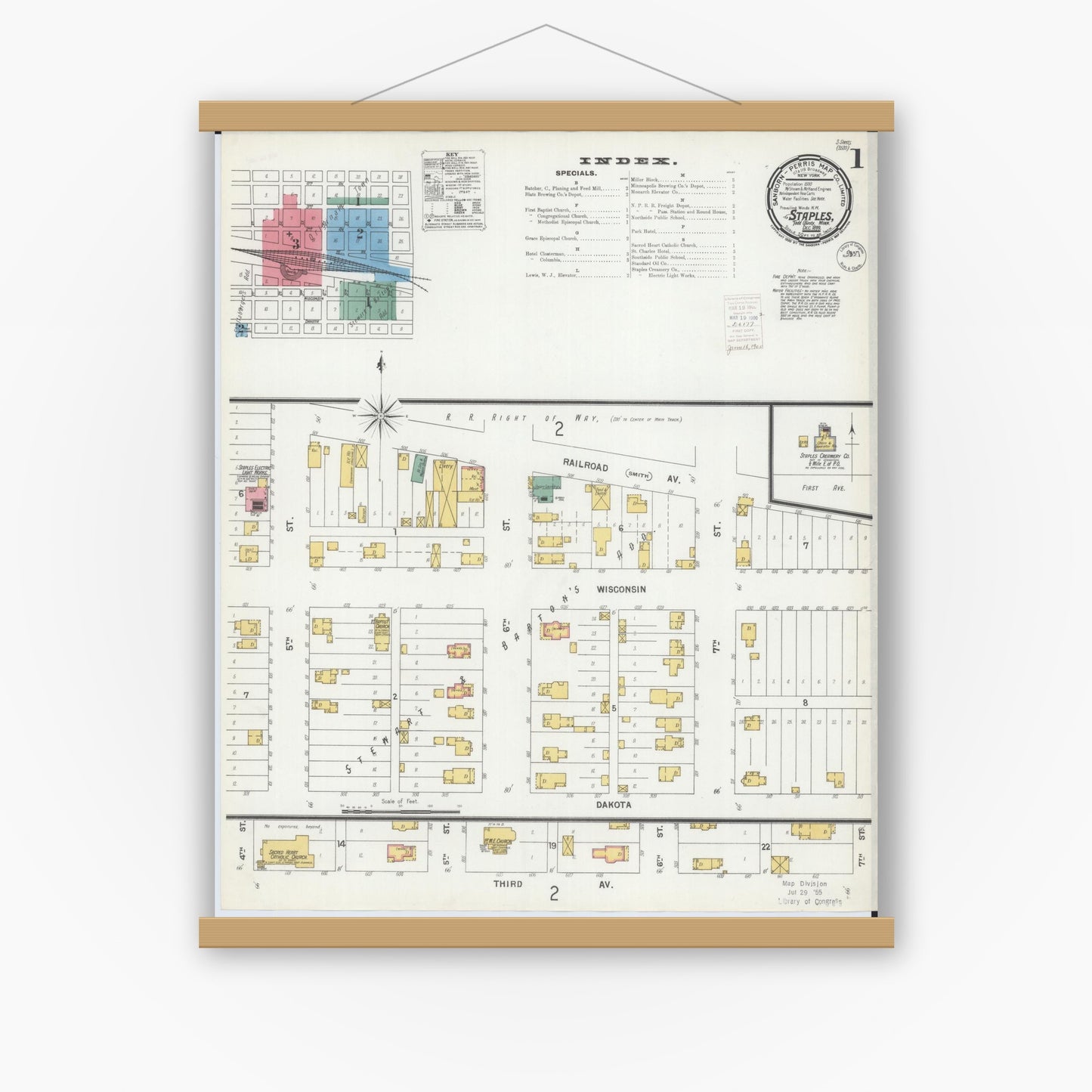 Old map wall art mockup — magnetic wood frame on white wall — Sanborn Fire Insurance Map from Staples, Todd County, Minnesota (1899) - Complete Map Set