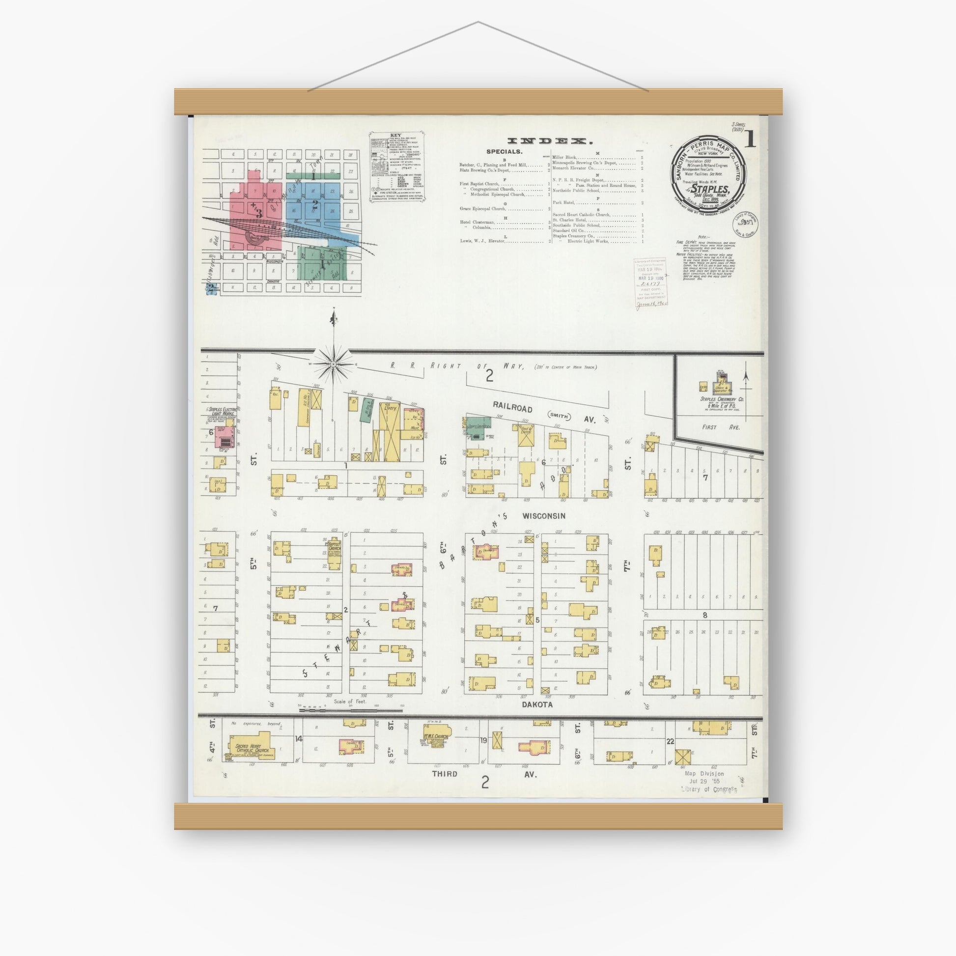 Old map wall art mockup — magnetic wood frame on white wall — Sanborn Fire Insurance Map from Staples, Todd County, Minnesota (1899) - Complete Map Set