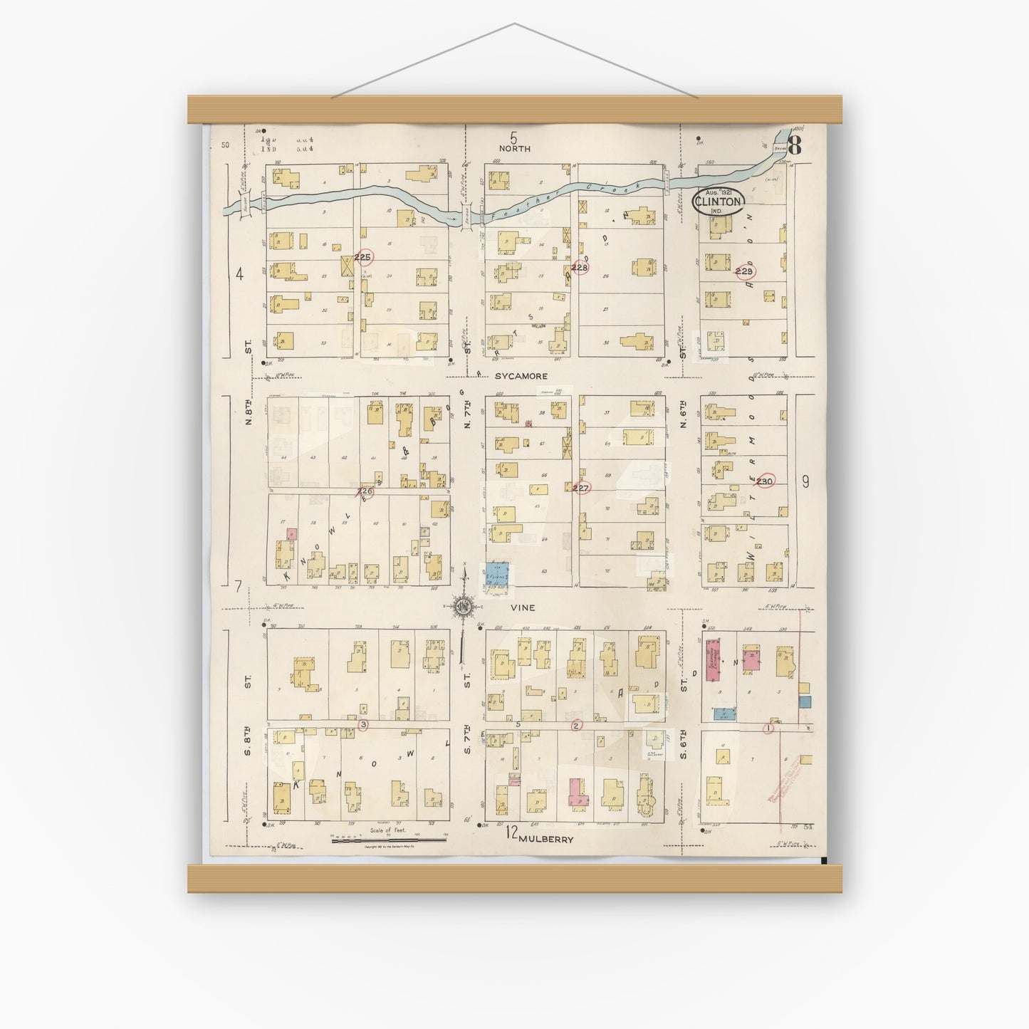 Old map wall art mockup — magnetic wood frame on white wall — Sanborn Fire Insurance Map from Clinton, Vermillion County, Indiana (1947), Sheet #0008