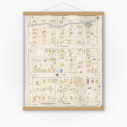 Old map wall art mockup — magnetic wood frame on white wall — Sanborn Fire Insurance Map from Clinton, Vermillion County, Indiana (1947), Sheet #0008