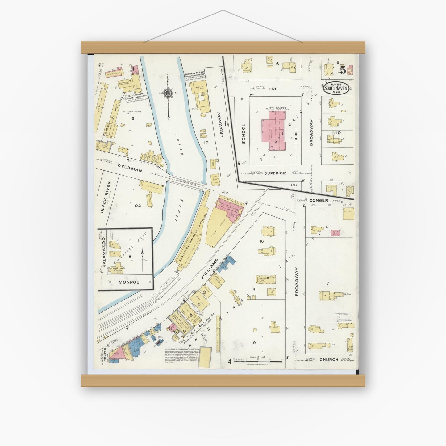 Old map wall art mockup — magnetic wood frame on white wall — Sanborn Fire Insurance Map from South Haven, Van Buren County, Michigan (1916), Sheet #0005
