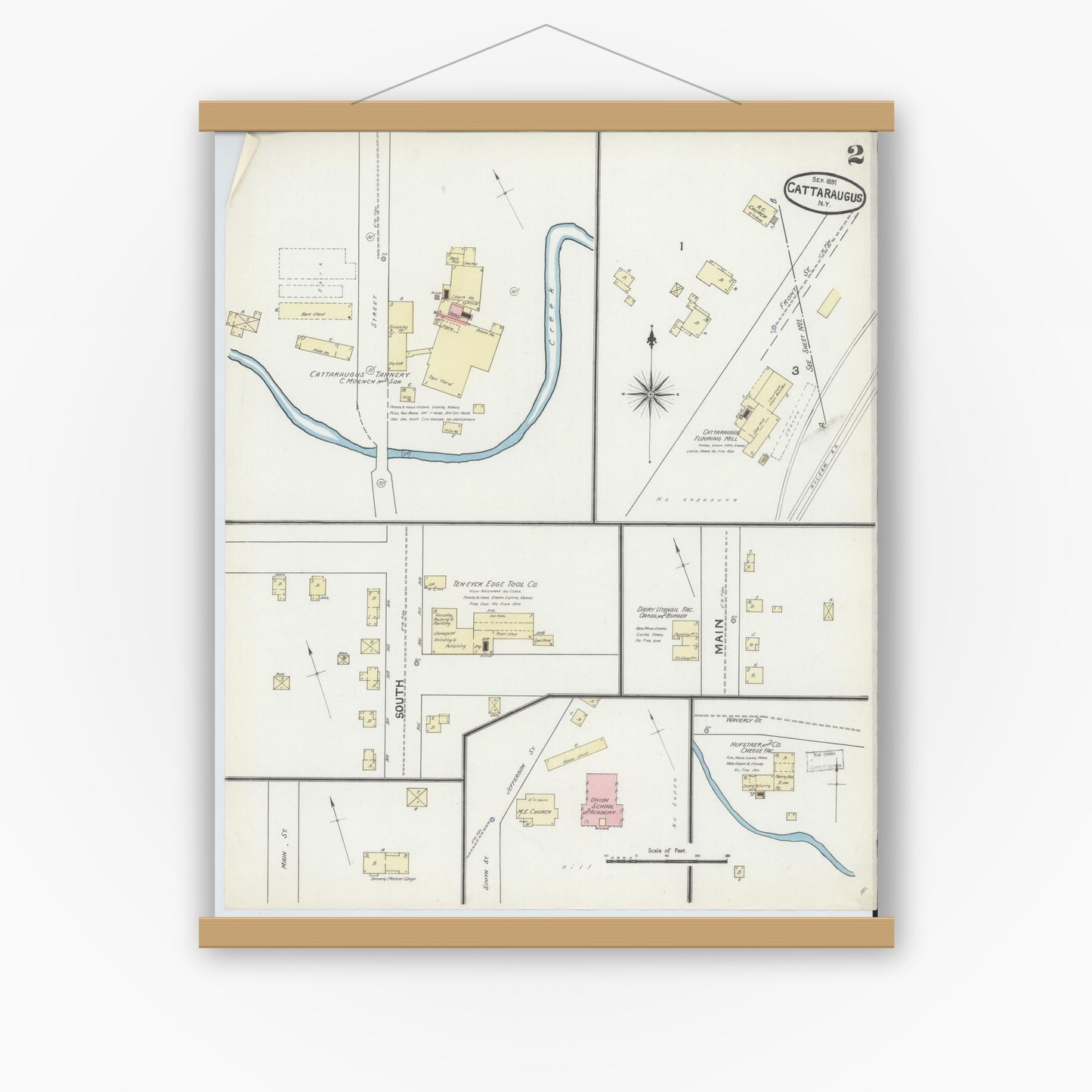 Old map wall art mockup — magnetic wood frame on white wall — Sanborn Fire Insurance Map from Cattaraugus, Cattaraugus County, New York (1891), Sheet #0002