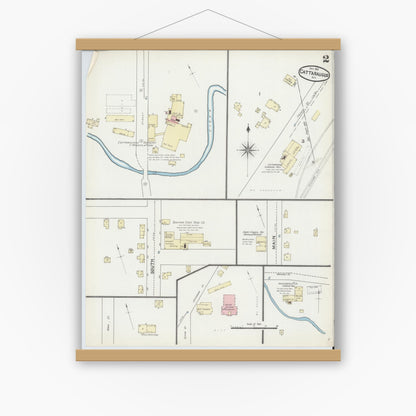 Old map wall art mockup — magnetic wood frame on white wall — Sanborn Fire Insurance Map from Cattaraugus, Cattaraugus County, New York (1891), Sheet #0002