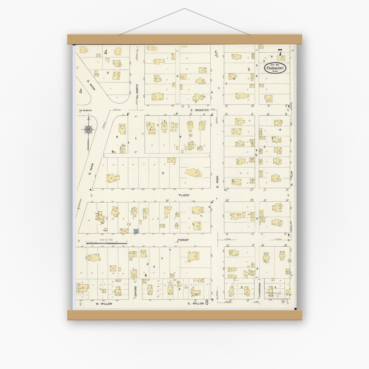 Old map wall art mockup — magnetic wood frame on white wall — Sanborn Fire Insurance Map from Fairmont, Martin County, Minnesota (1911), Sheet #0007