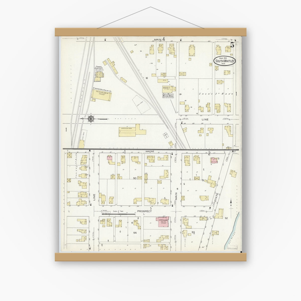 Old map wall art mockup — magnetic wood frame on white wall — Sanborn Fire Insurance Map from South Whitley, Whitley County, Indiana (1914), Sheet #0005