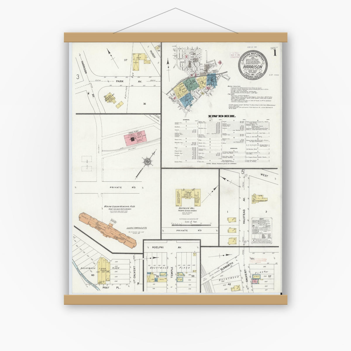Old map wall art mockup — magnetic wood frame on white wall — Sanborn Fire Insurance Map from Harrison, Westchester County, New York (1911), Sheet #0001