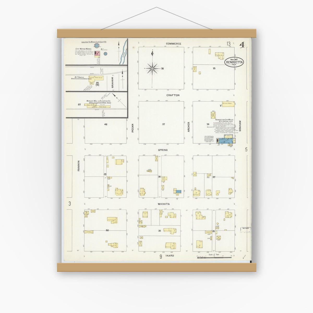 Old map wall art mockup — magnetic wood frame on white wall — Sanborn Fire Insurance Map from Henrietta, Clay County, Texas (1907), Sheet #0004