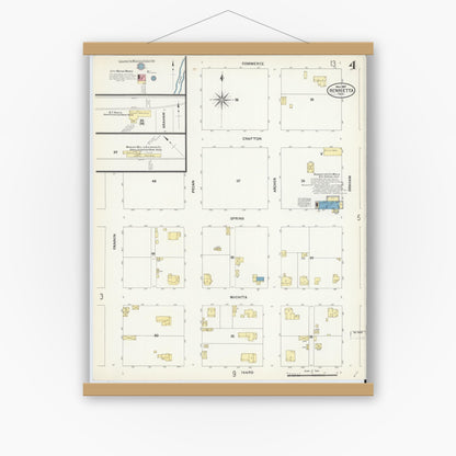 Old map wall art mockup — magnetic wood frame on white wall — Sanborn Fire Insurance Map from Henrietta, Clay County, Texas (1907), Sheet #0004
