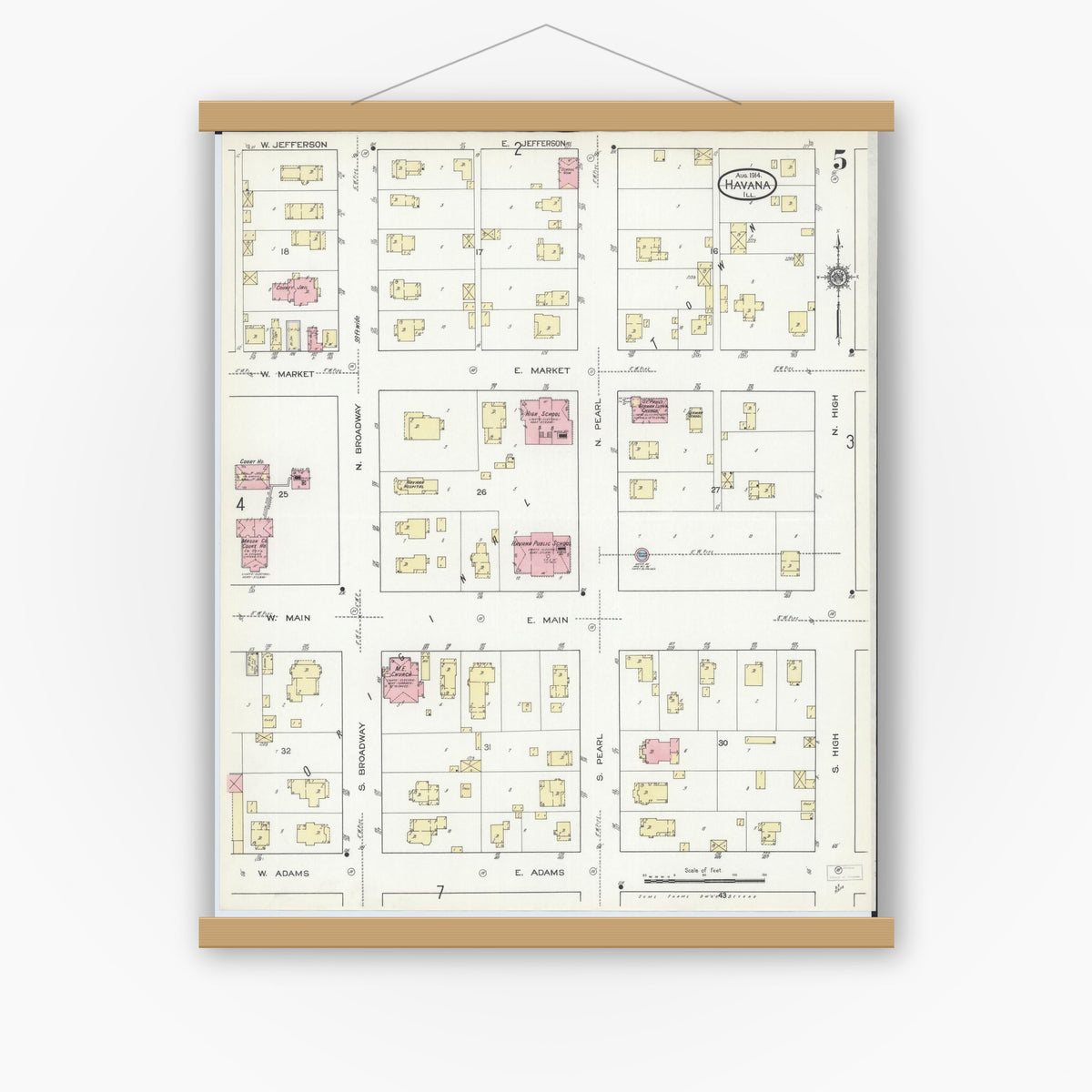 Old map wall art mockup — magnetic wood frame on white wall — Sanborn Fire Insurance Map from Havana, Mason County, Illinois (1914), Sheet #0005