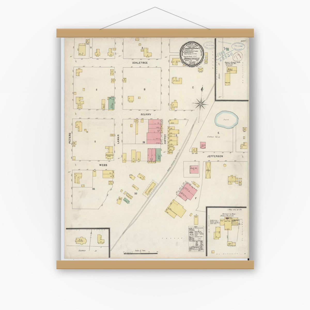 Old map wall art mockup — magnetic wood frame on white wall — Sanborn Fire Insurance Map from Daingerfield, Morris County, Texas (1898), Sheet #0001