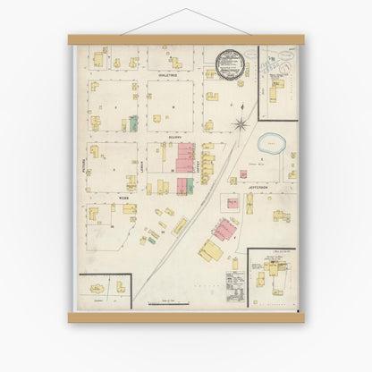 Old map wall art mockup — magnetic wood frame on white wall — Sanborn Fire Insurance Map from Daingerfield, Morris County, Texas (1898), Sheet #0001