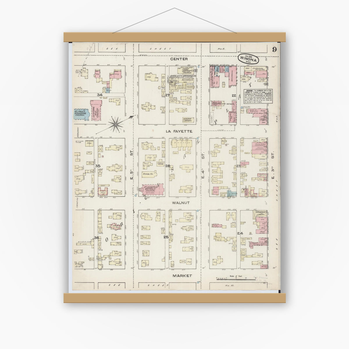 Old map wall art mockup — magnetic wood frame on white wall — Sanborn Fire Insurance Map from Winona, Winona County, Minnesota (1884), Sheet #0009