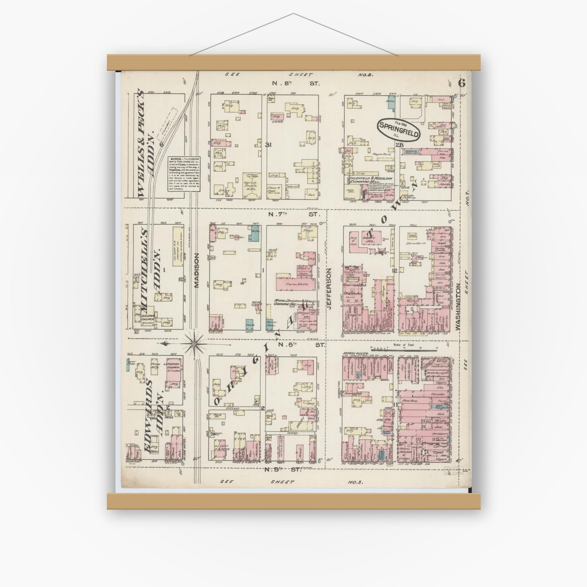Old map wall art mockup — magnetic wood frame on white wall — Sanborn Fire Insurance Map from Springfield, Sangamon County, Illinois (1884), Sheet #0006