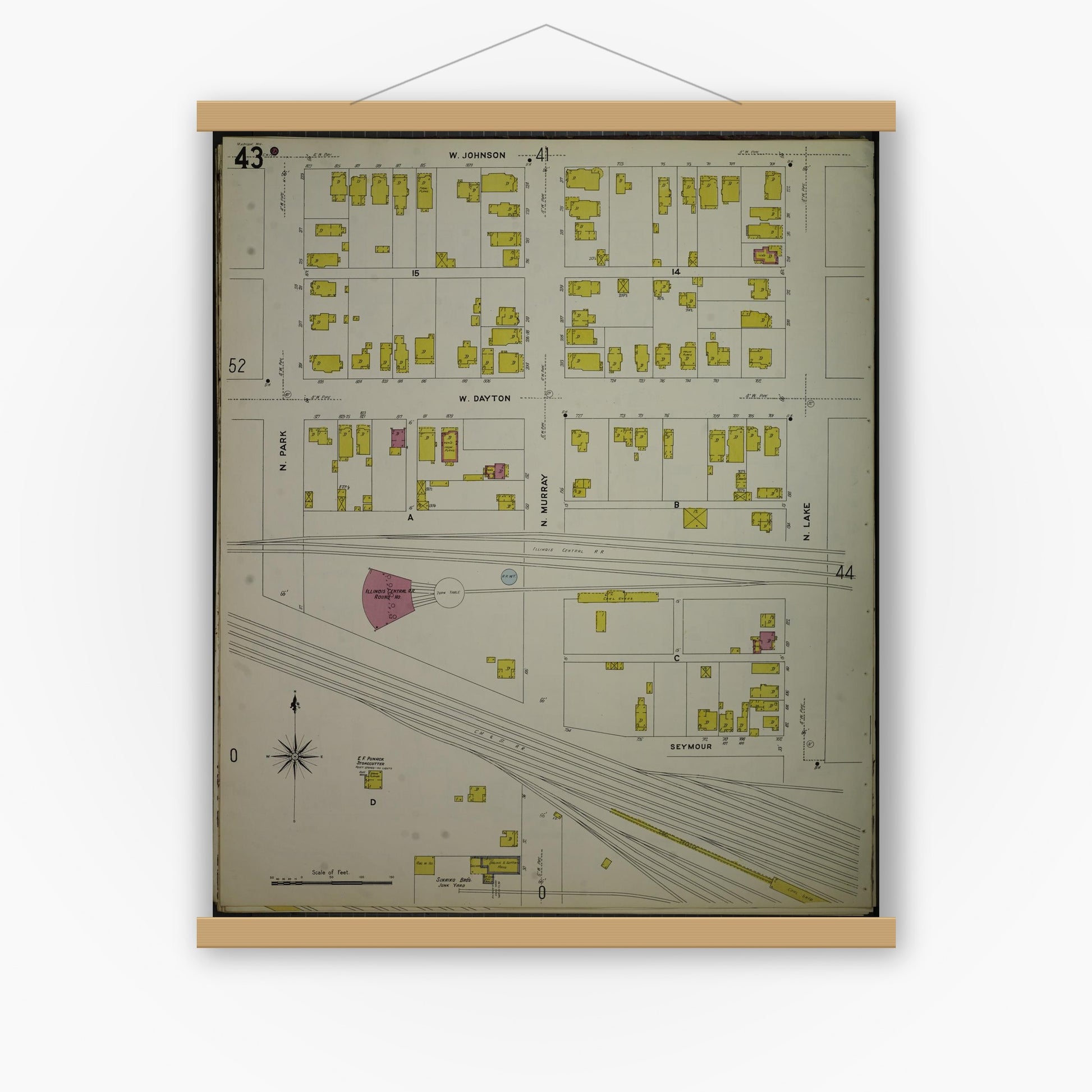 Old map wall art mockup — magnetic wood frame on white wall — Sanborn Fire Insurance Map from Madison, Dane County, Wisconsin (1908), Sheet #0043