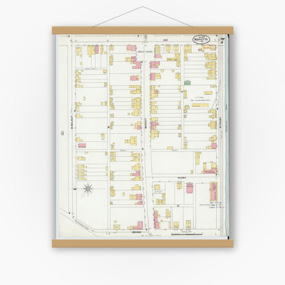 Old map wall art mockup — magnetic wood frame on white wall — Sanborn Fire Insurance Map from Marietta, Lancaster County, Pennsylvania (1899), Sheet #0007