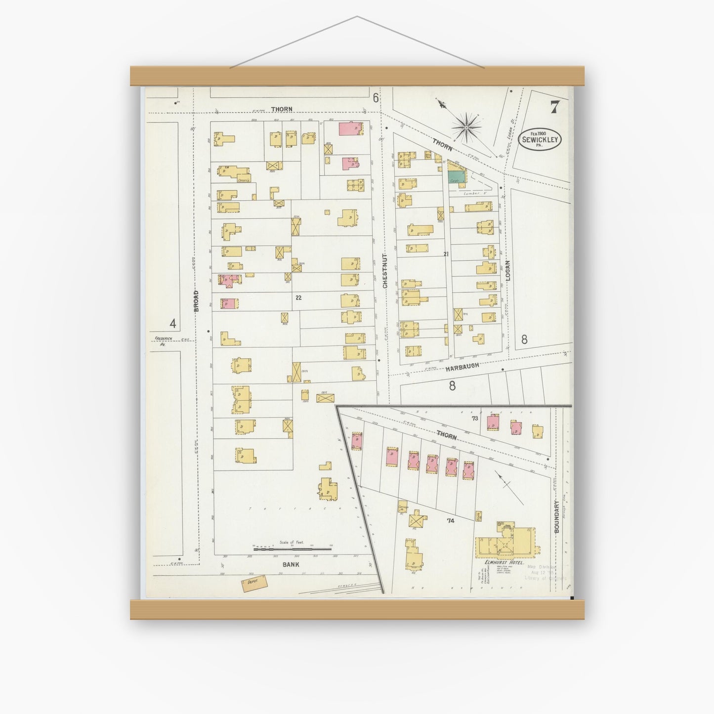 Old map wall art mockup — magnetic wood frame on white wall — Sanborn Fire Insurance Map from Sewickley, Allegheny County, Pennsylvania (1900), Sheet #0007