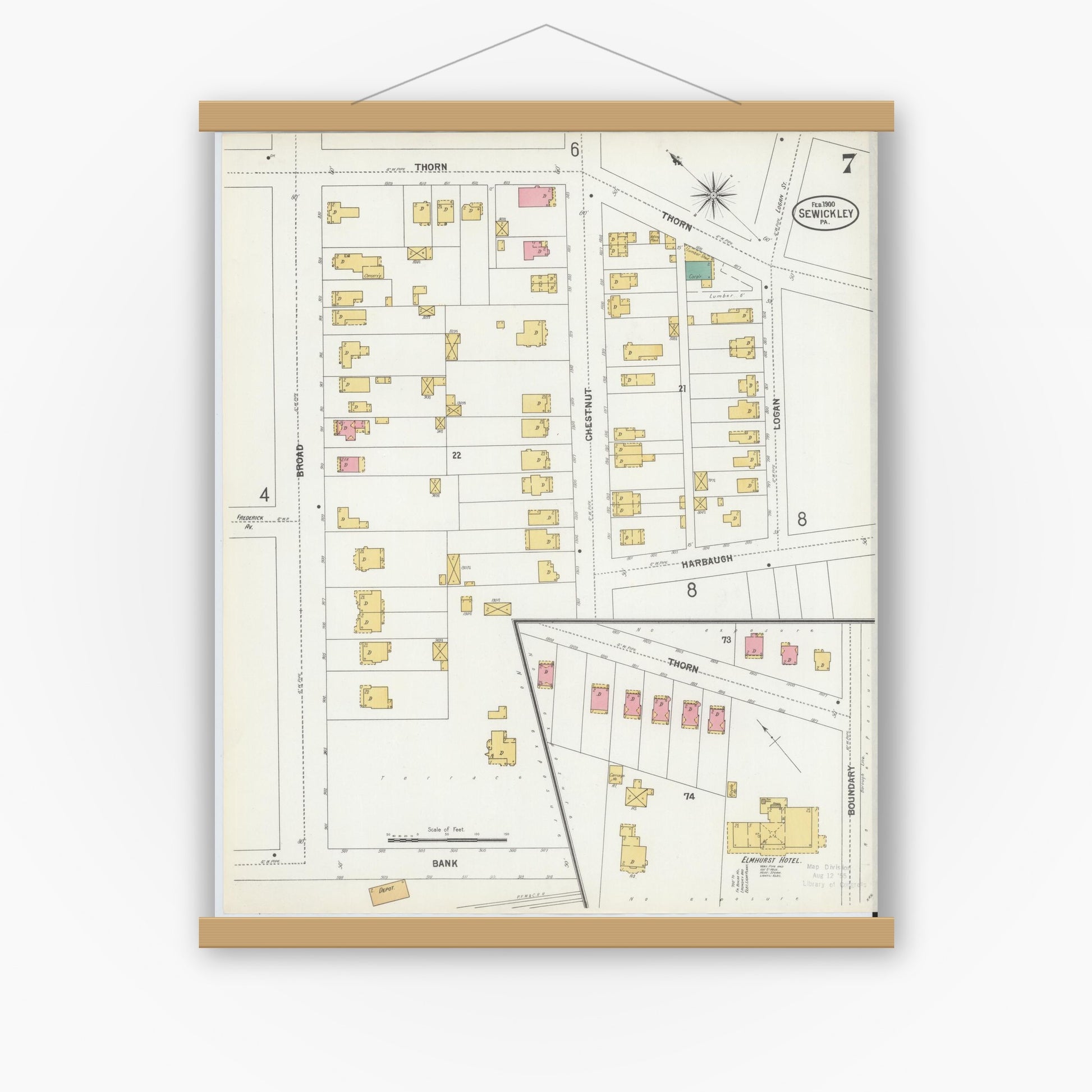 Old map wall art mockup — magnetic wood frame on white wall — Sanborn Fire Insurance Map from Sewickley, Allegheny County, Pennsylvania (1900), Sheet #0007