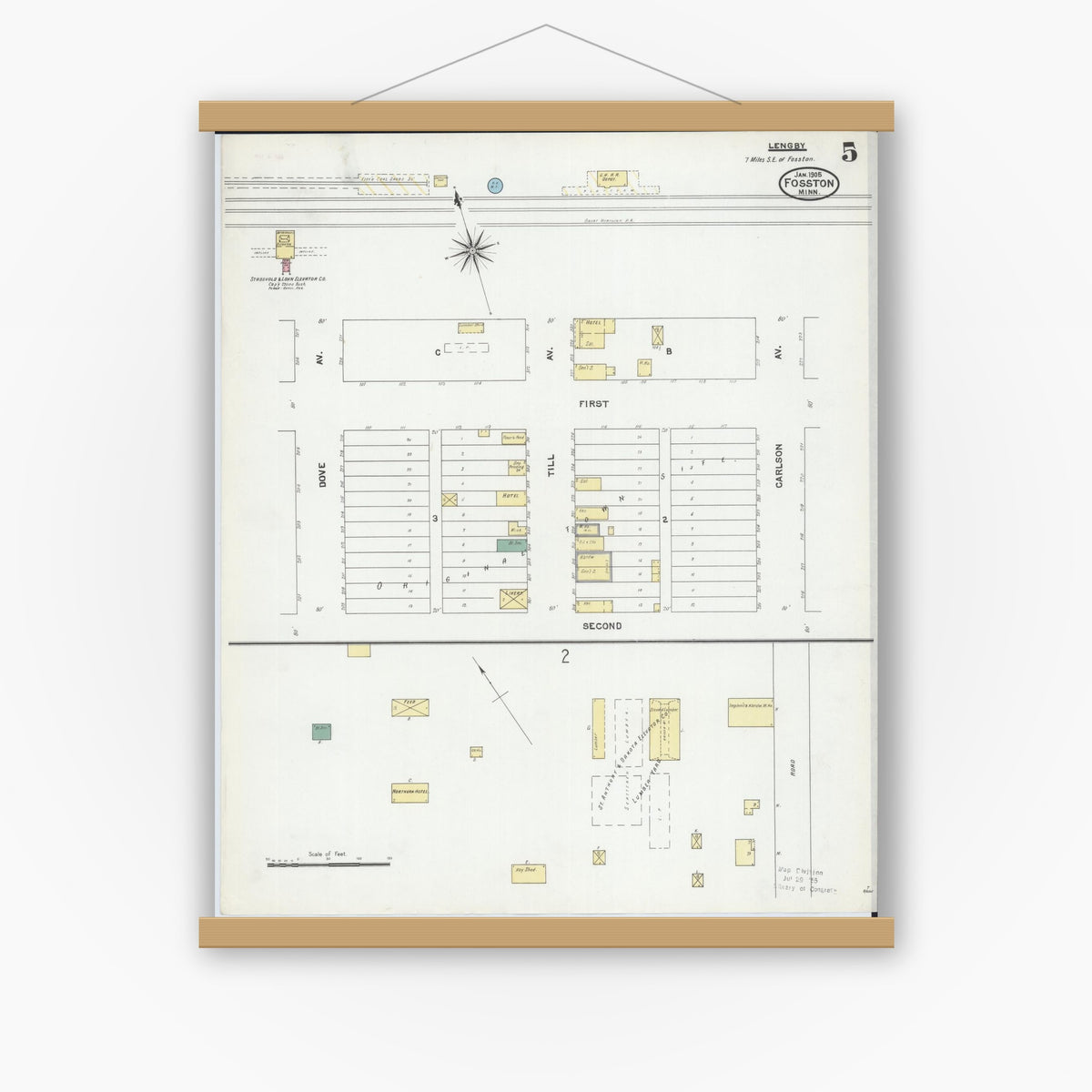 Old map wall art mockup — magnetic wood frame on white wall — Sanborn Fire Insurance Map from Fosston, Polk County, Minnesota (1905), Sheet #0005