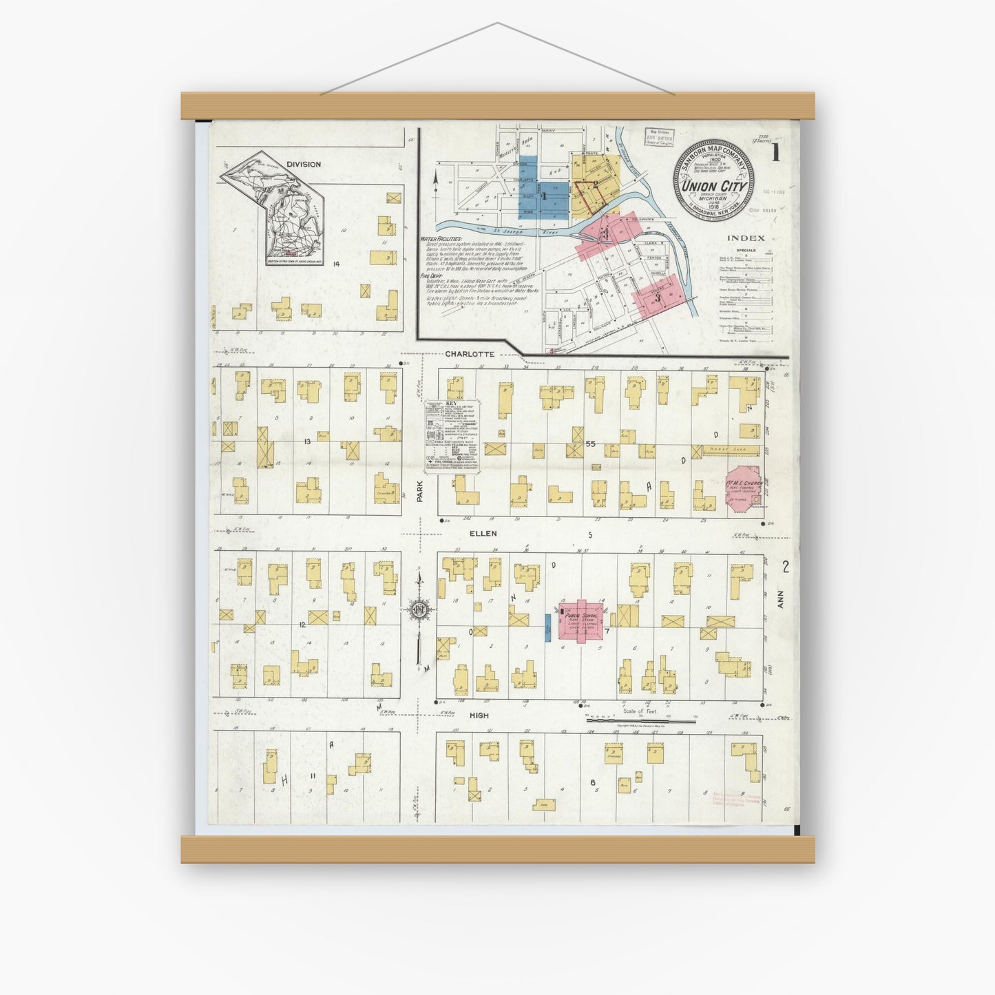 Old map wall art mockup — magnetic wood frame on white wall — Sanborn Fire Insurance Map from Union City, Branch And Calhoun Counties, Michigan (1918) - Complete Map Set