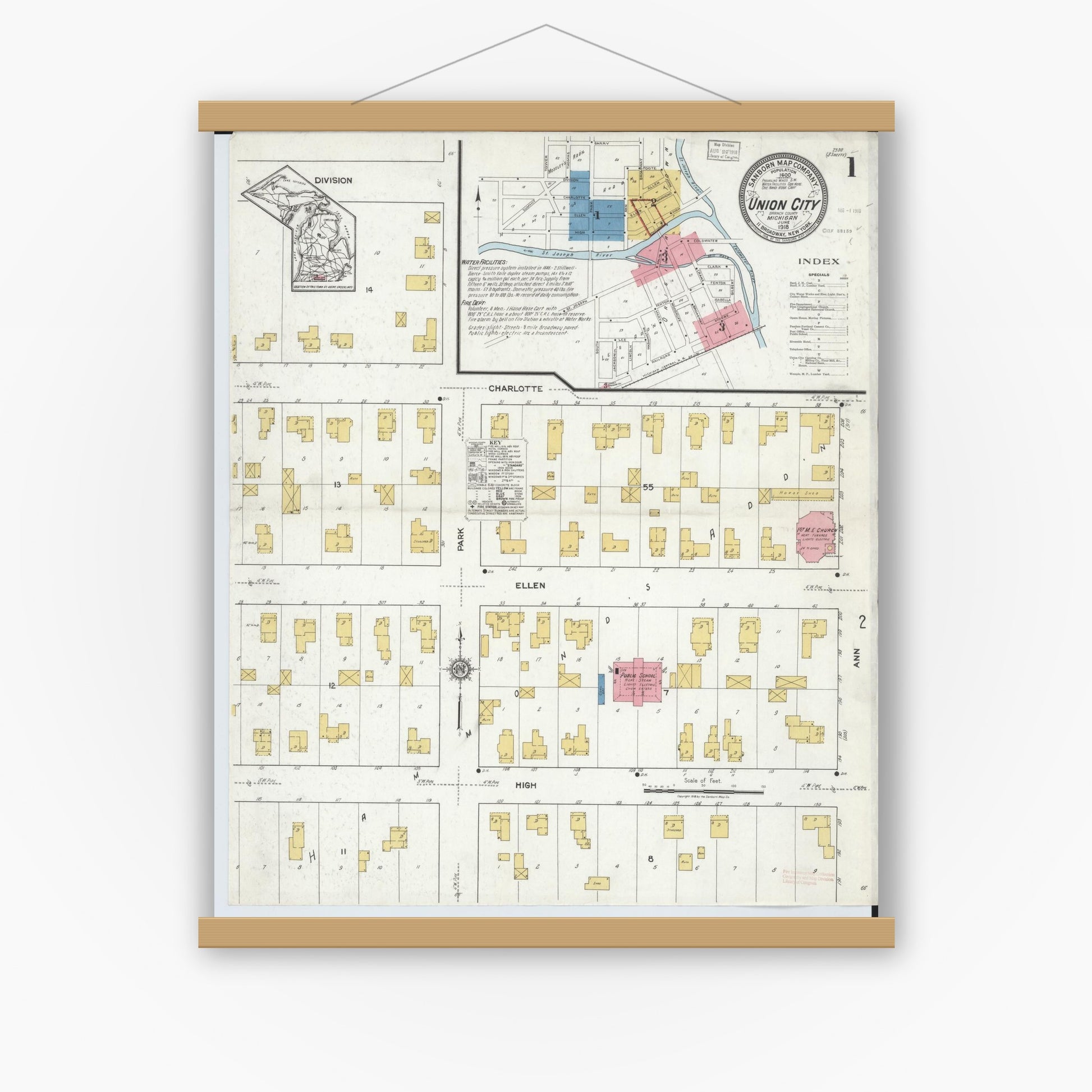 Old map wall art mockup — magnetic wood frame on white wall — Sanborn Fire Insurance Map from Union City, Branch And Calhoun Counties, Michigan (1918) - Complete Map Set